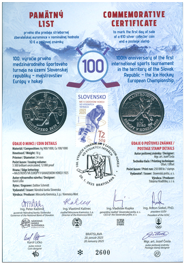 Numismatic Commemorative Sheet: The 100th Anniversary of the European Ice Hockey Championship in the High Tatras 